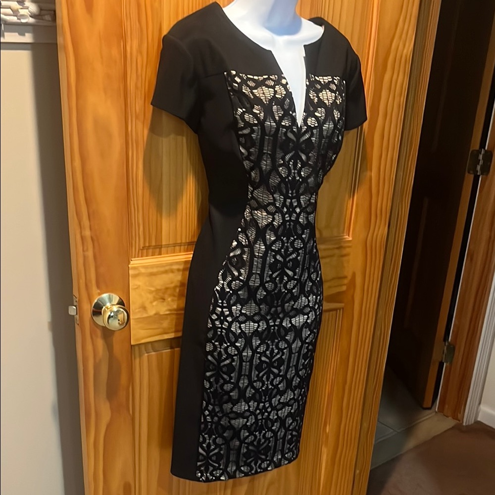 Collection Dressbarn Black & Tan Lace Front Dress - Picture 3 of 7